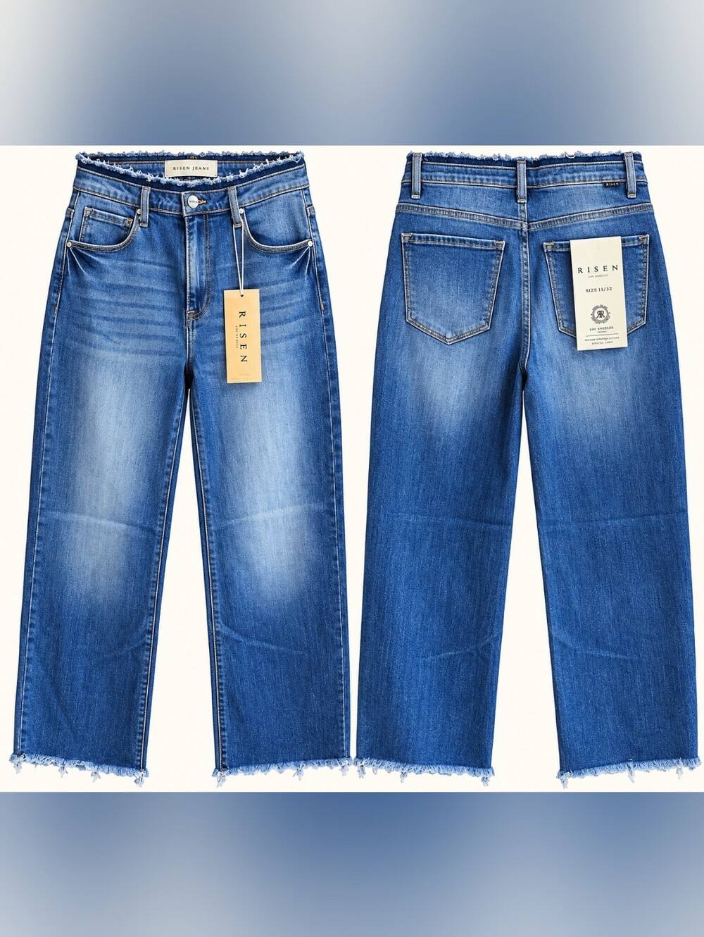 Risen Jeans High Waist Wide Leg Frayed Hem Jeans Dark wash (Style No: RDP5034)
